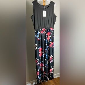 Maxi Tank Dress 2XL Black Floral Sleeveless Pullover Pockets New Tags